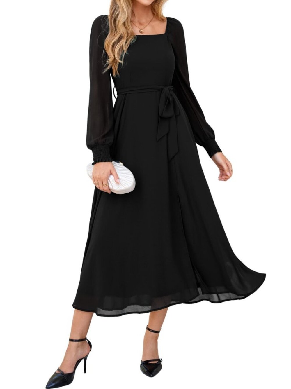 Women's Square Neck Long Sleeve Flowy Slit Weeding Guest Maxi Dress